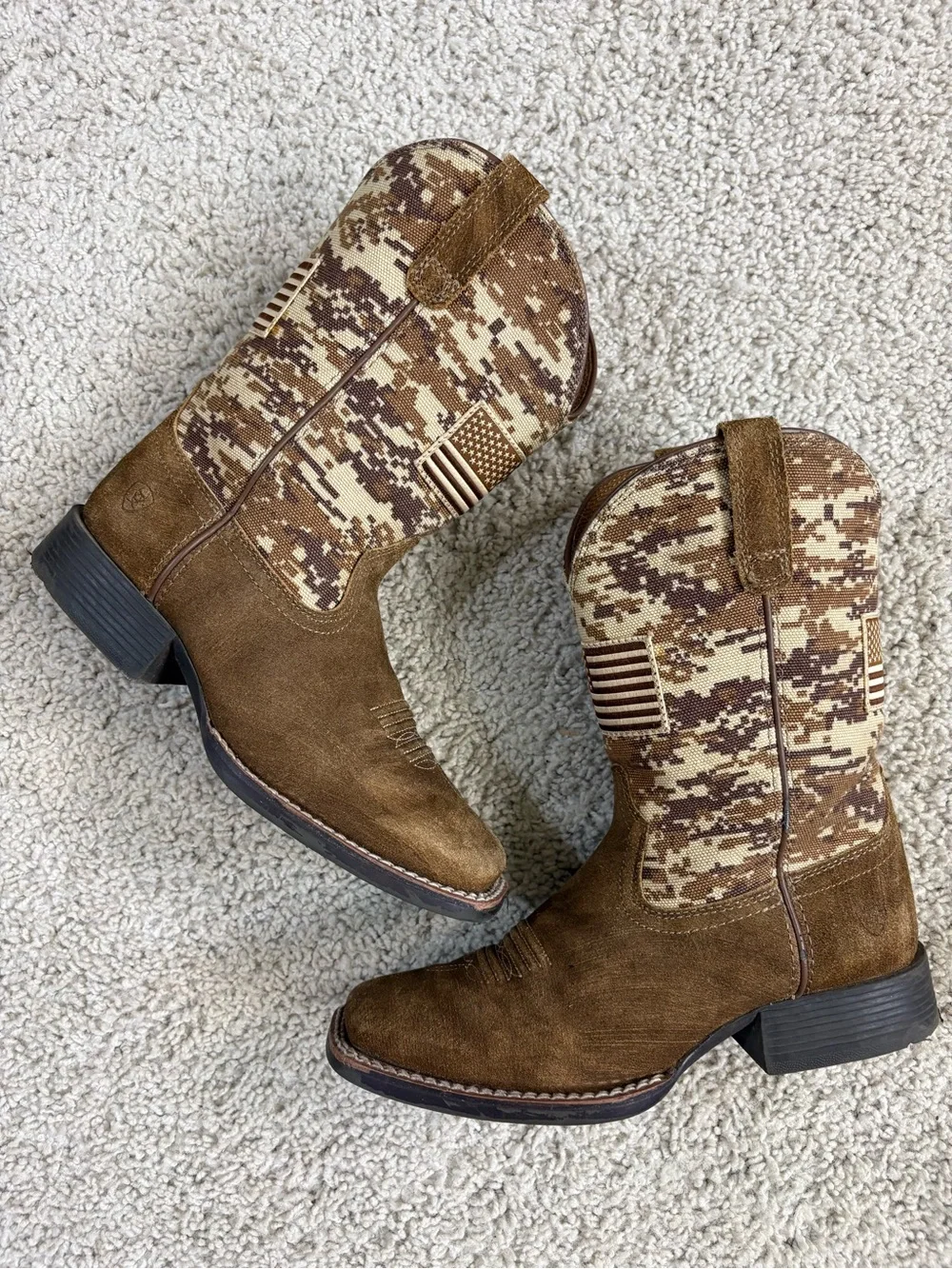 Boy's ARIAT Brown Suede  PATRIOT Digital SAND CAMO Square Toe WESTERN BOOTS  2